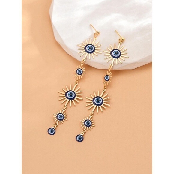 NEW! Long Dangle Blue Gold Sun Shoulder Duster Earrings Post Boho Festival - Picture 3 of 7